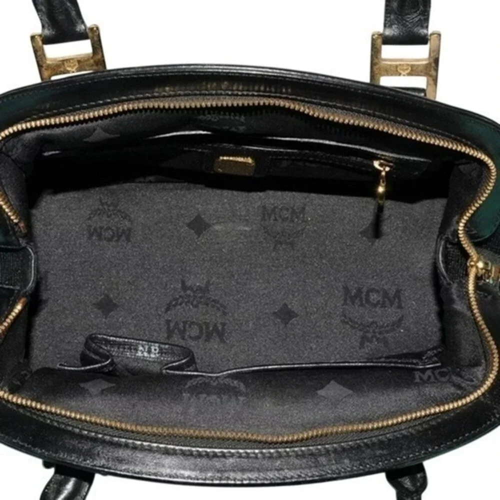 MCM Munchen Black Textured Leather Satchel Gold Hardware Doctor Bag Handbag